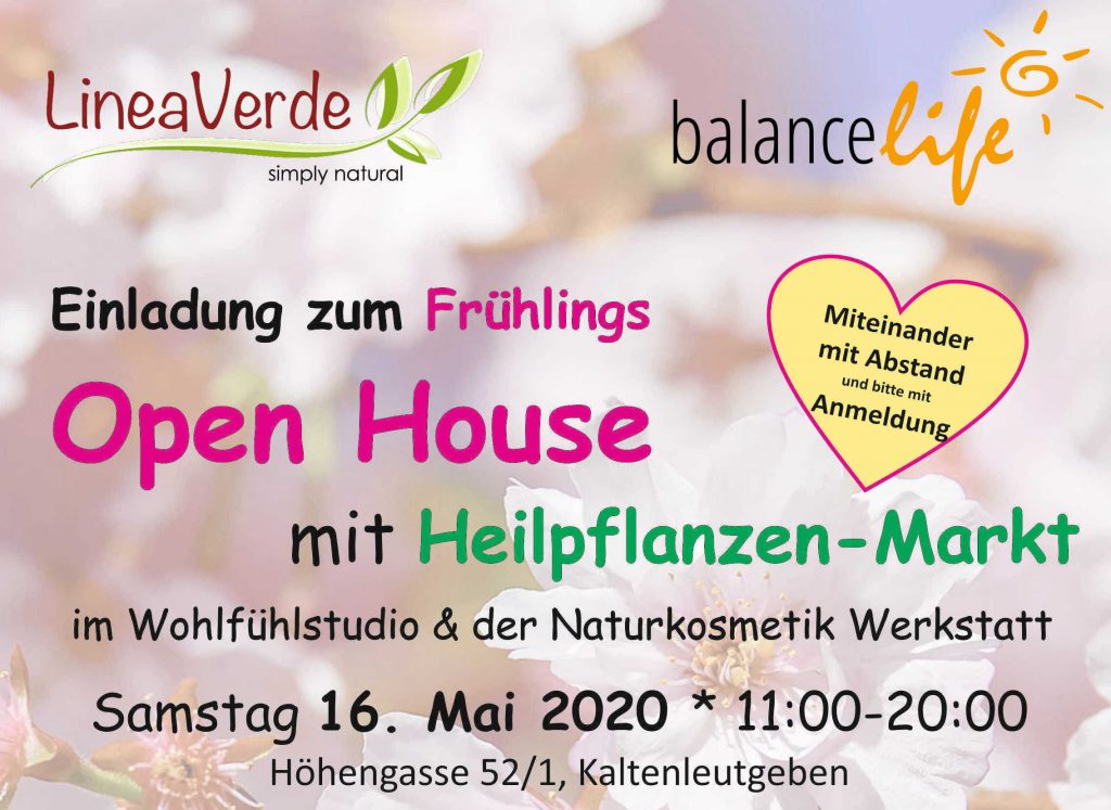 Komm zum Open House am Samstag, 16. Mai 2020 3 LineaVerde und BalanceLife Frühlingsfest und Pflanzenmarkt 2020 A4 Banner V2