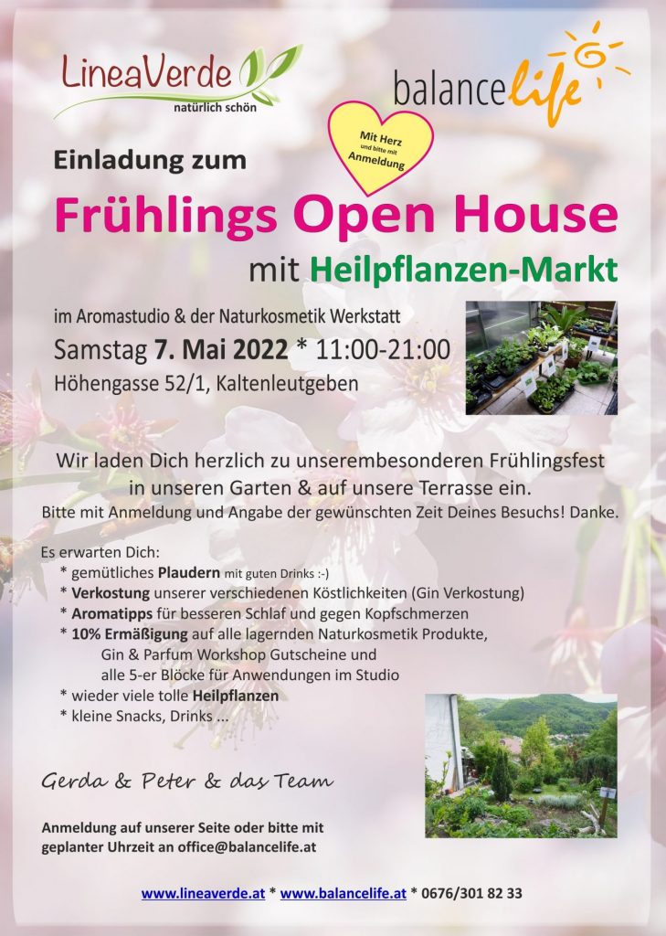 Einladung zum BalanceLife Frühlingsfest 2022 – Open House mit Heilpflanzenmarkt am Samstag, 7. Mai 2022 2 BalanceLife Open House