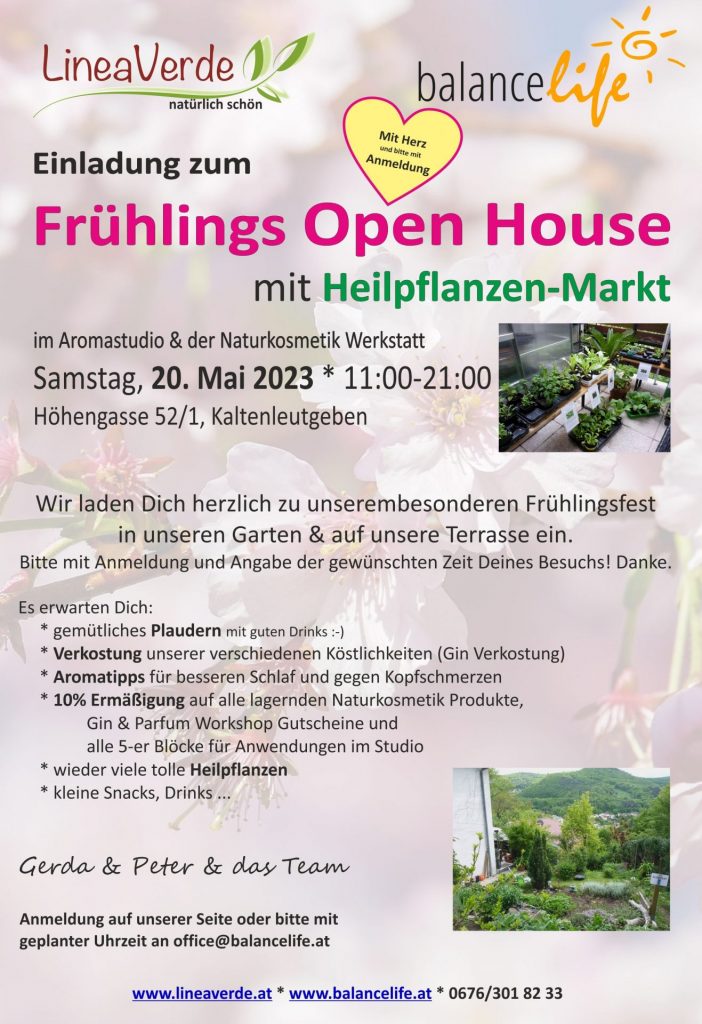 Einladung zum BalanceLife Frühlingsfest 2023 – mit Heilpflanzenmarkt am Samstag, 20. Mai 2022 2 LineaVerde und BalanceLife Fruehlingsfest und Pflanzenmarkt 2023 A4