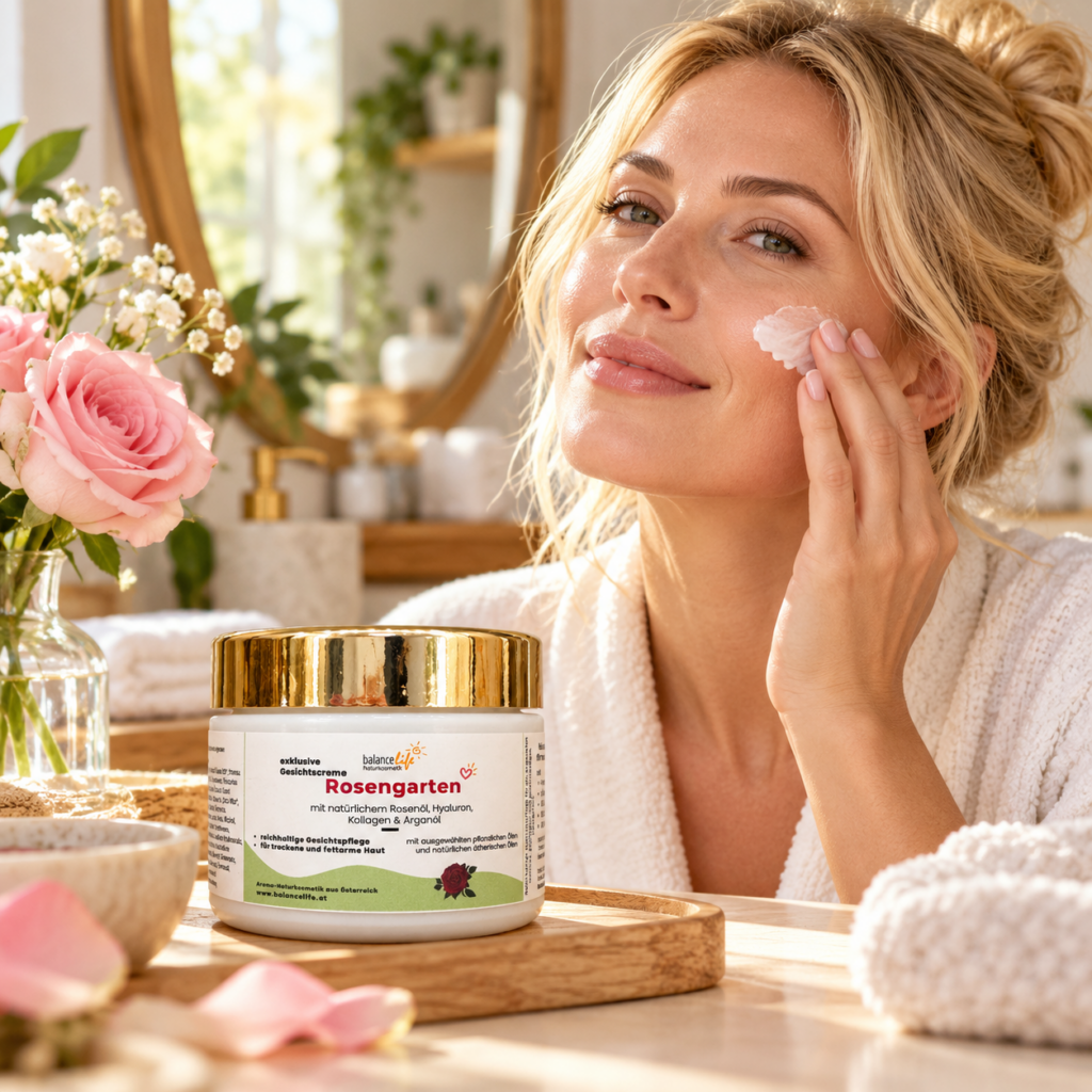 Gesichtscreme Rosengarten – ein kleiner Pflegemoment nur für dich 8 Gesichtscreme Rosengarten mit Hyaluron & pflanzlichem Kollagen | reichhaltige Naturkosmetik, 50 g
