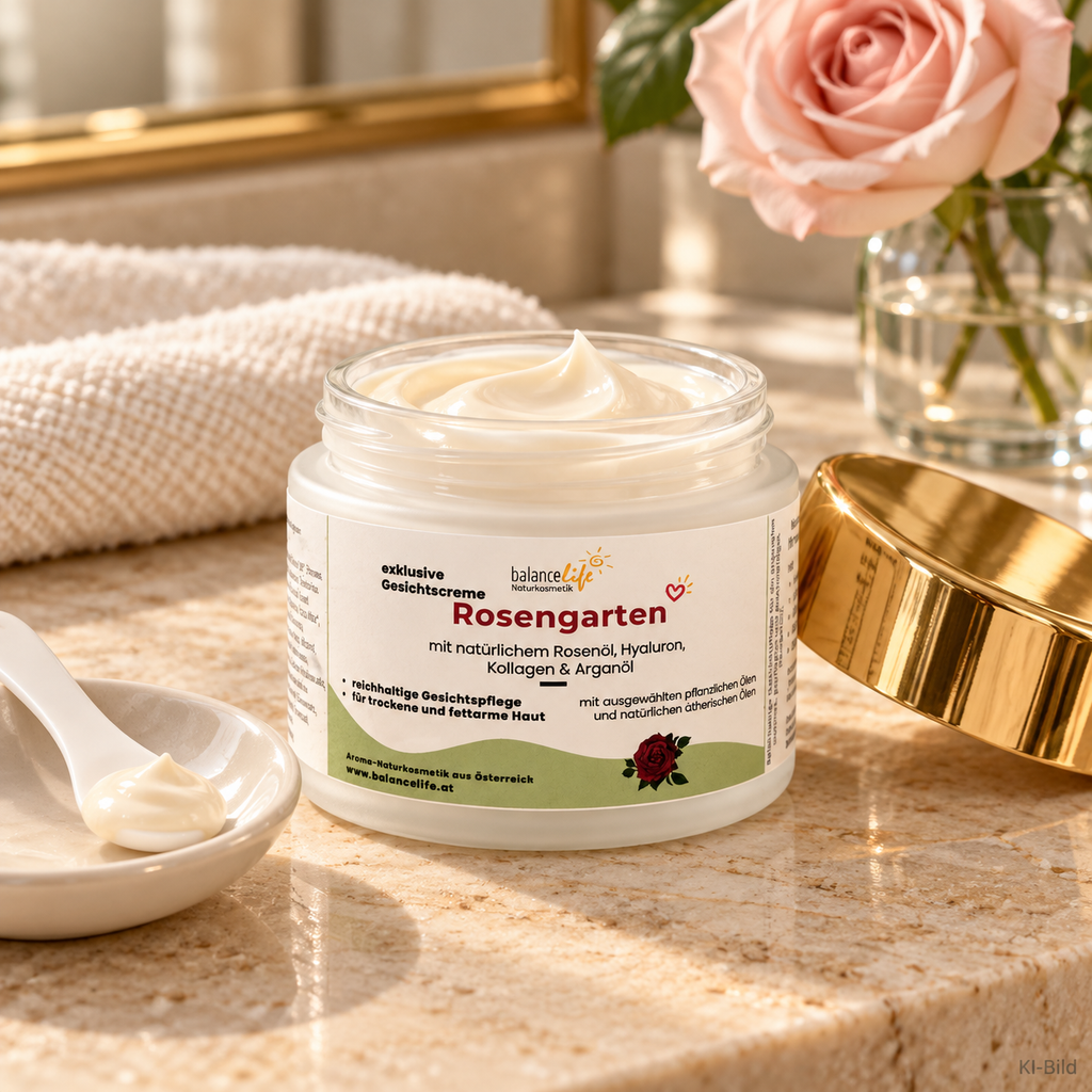 Gesichtscreme Rosengarten – ein kleiner Pflegemoment nur für dich 2 BalanceLife Naturkosmetik Gesichtscreme Rosengarten im Morgenlicht 2