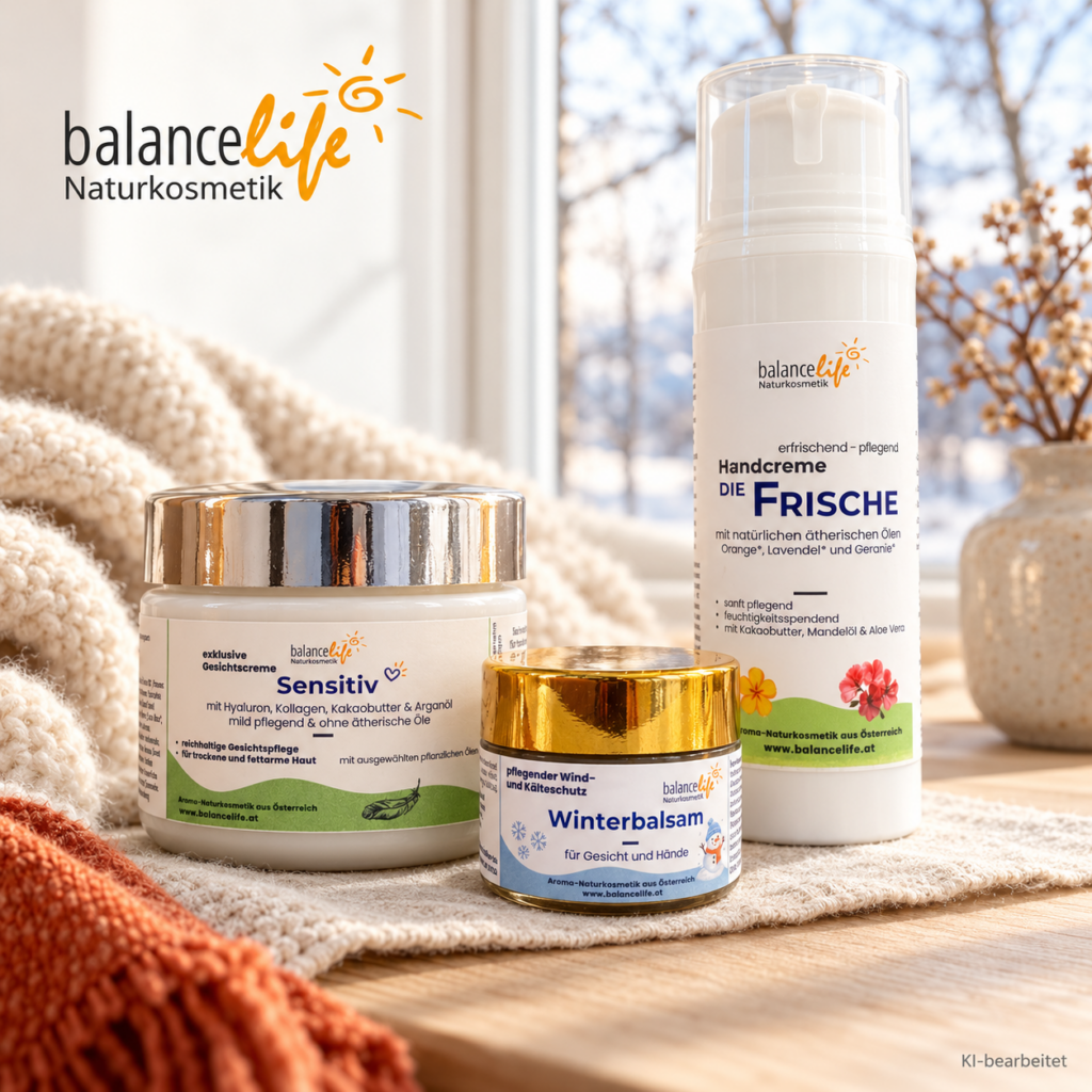 Naturkosmetik im Winter für gepflegte Haut an kalten Tagen 1 BalanceLife Winterbalsam, Gesichtscreme Sensitiv und Handcreme Die Frische im Winter